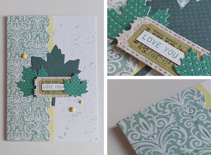 Deze afbeelding is een collage van het resultaat met links de kaart in zijn geheel en rechts 2 close-ups. De achtergrond van de kaart is verdeeld in twee verticale helften die gescheiden worden door een strook washi tape. In het midden van de kaart zit een cluster van bladeren, omringd door wat enamel dots, met daar bovenop een ticket die zegt 'love you'.